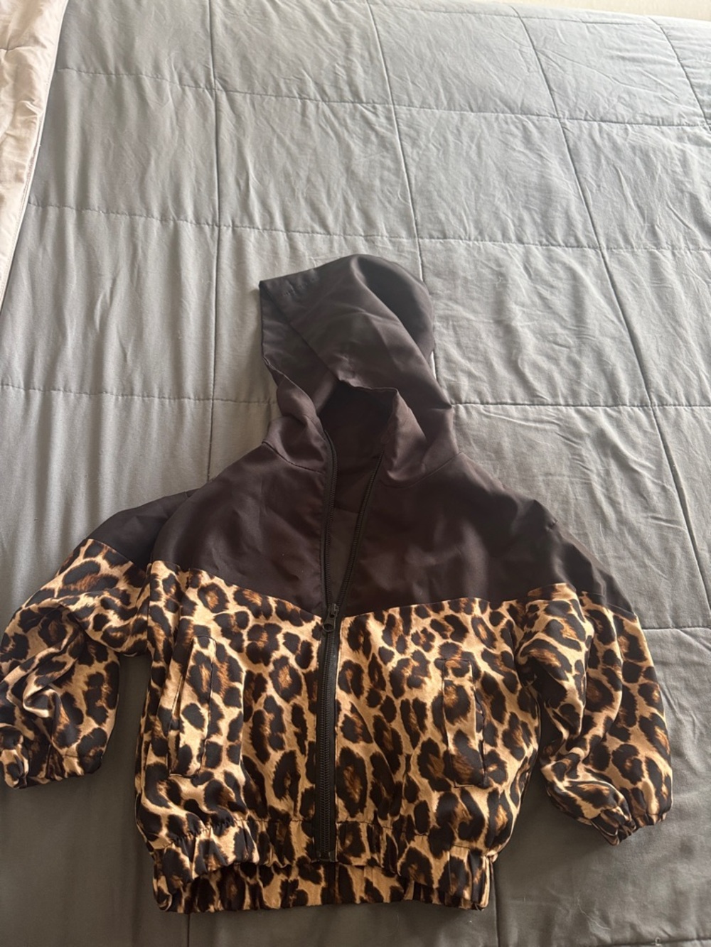 Leopard Print Cropped Hoodie Jacket - Brown/Black